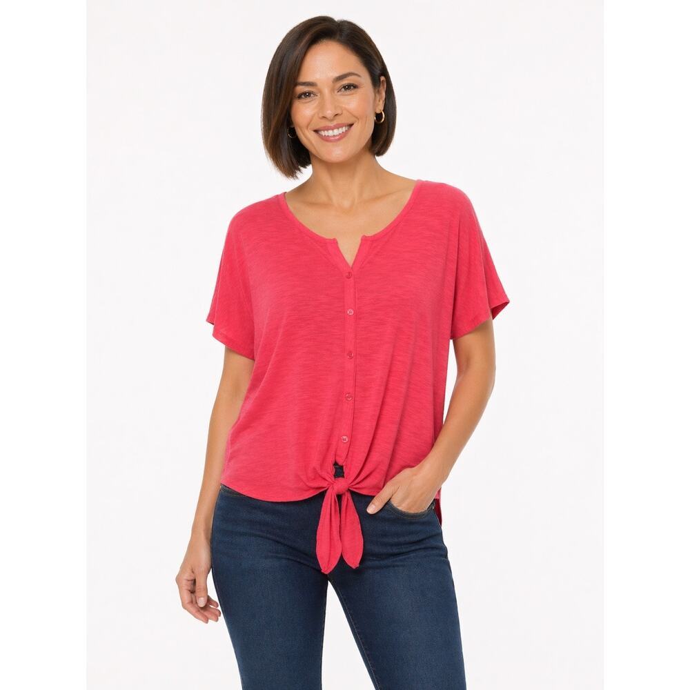 Rachel Zoe Tie Front Top Red Coral Button Front Lightweight Summer Vacation- M